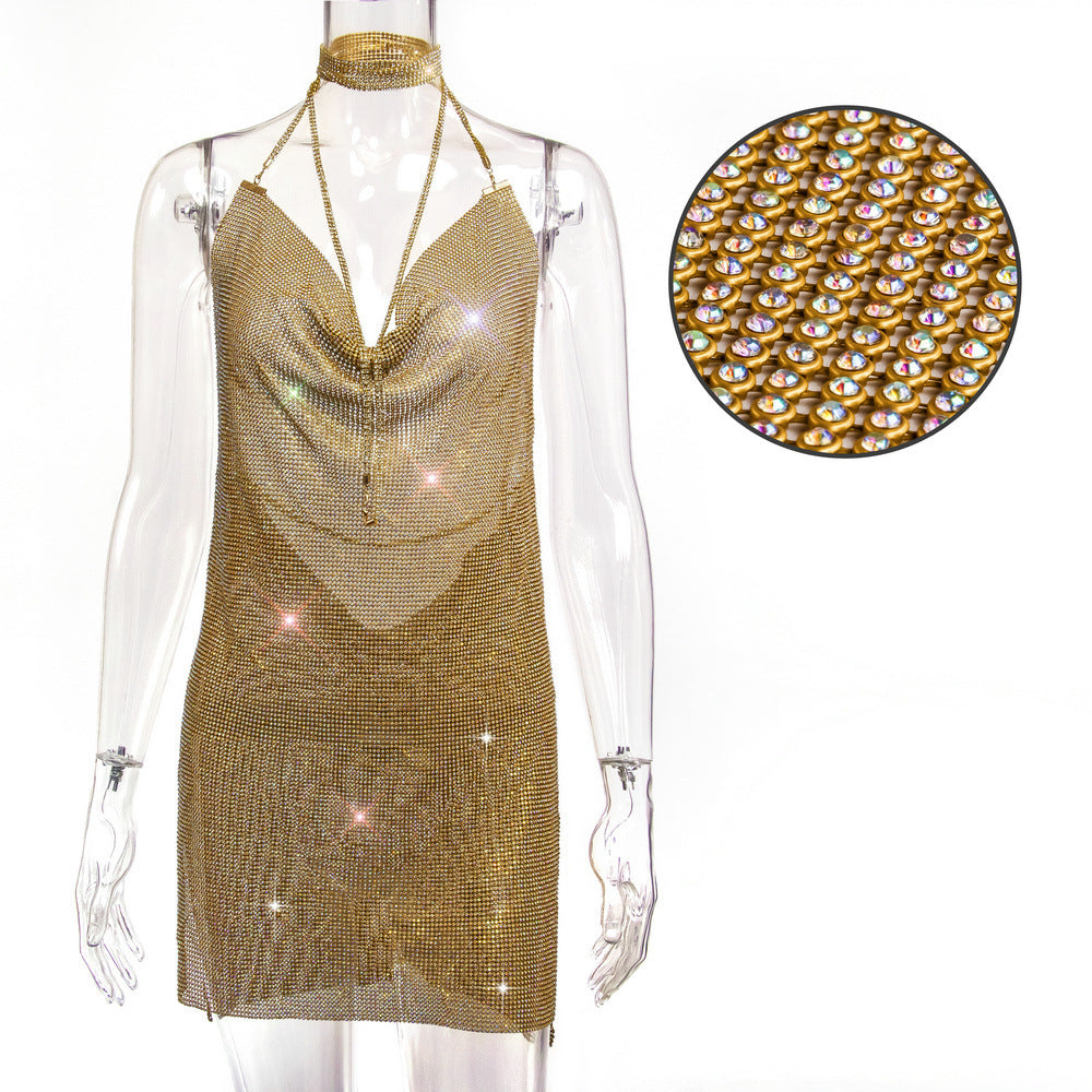 Hot selling metal sequin slip dress with diamond chain