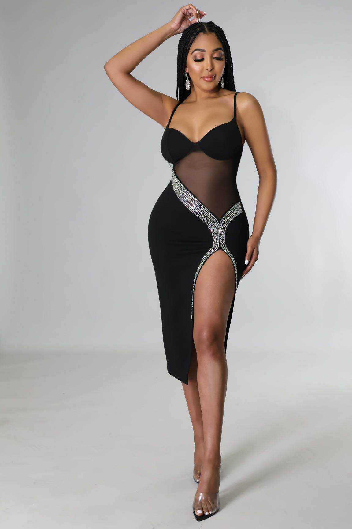 Solid color elegant long rhinestone sexy dress