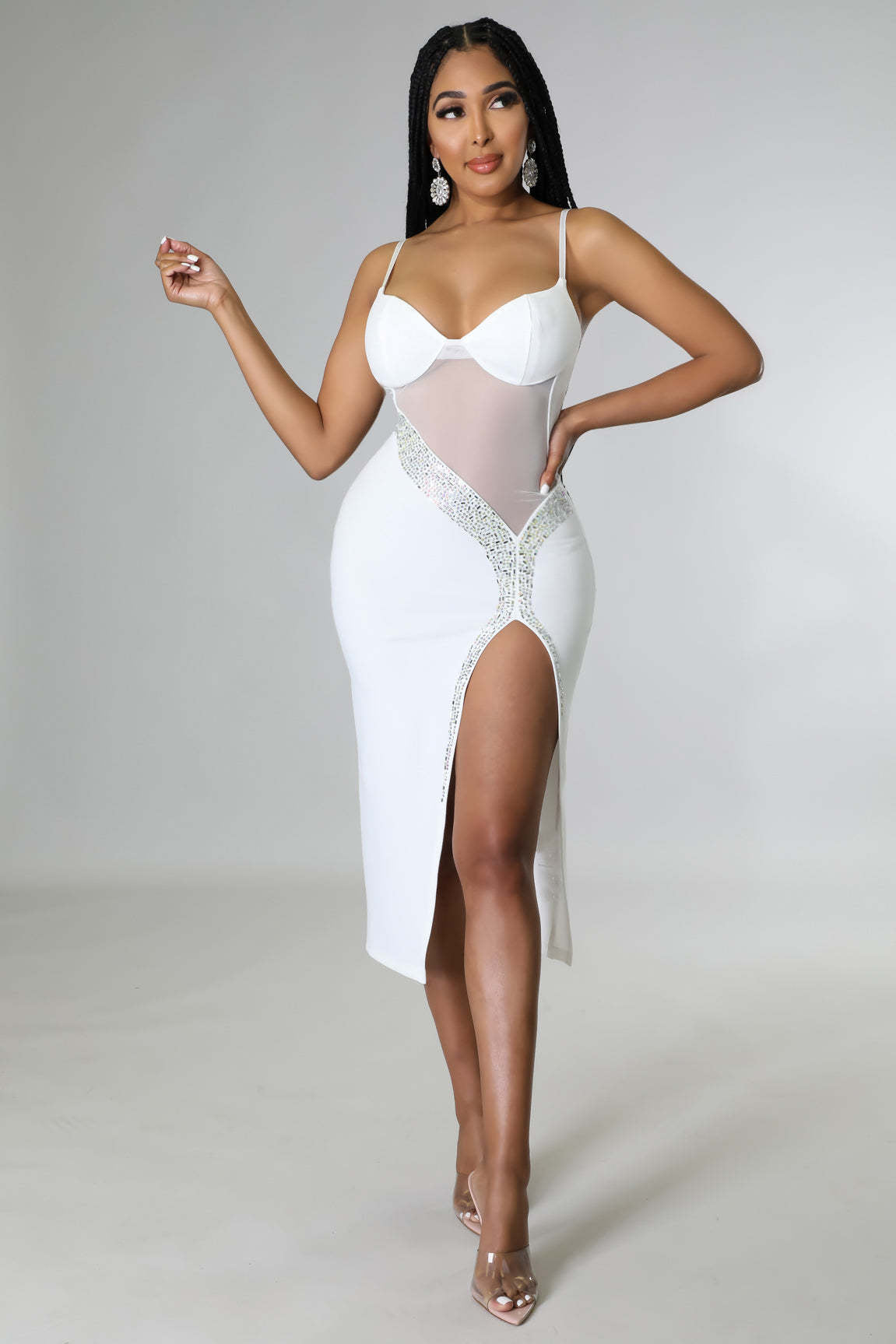 Solid color elegant long rhinestone sexy dress