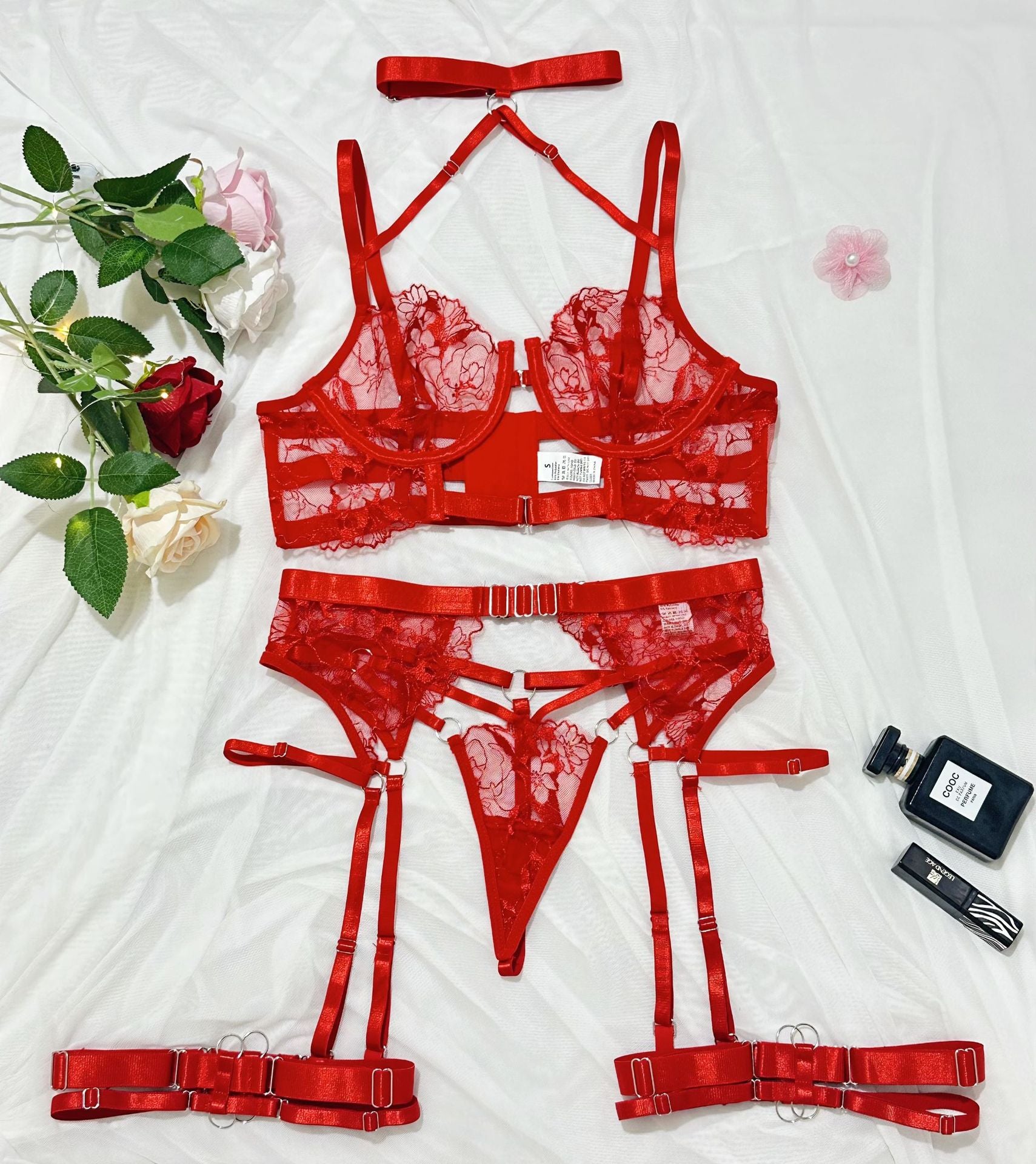 Sexy Halter Neck Embroidered Sheer Mesh Bra