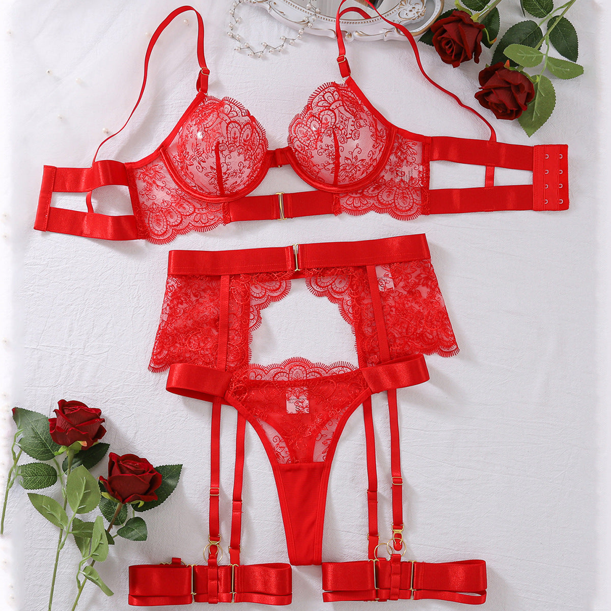 Luxury Embroidered Lace Harness Lingerie Set
