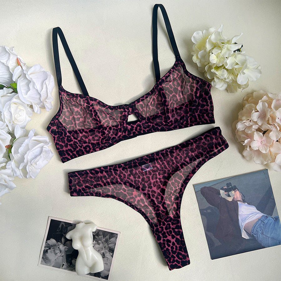 Sexy leopard print bra ultra-thin mesh set