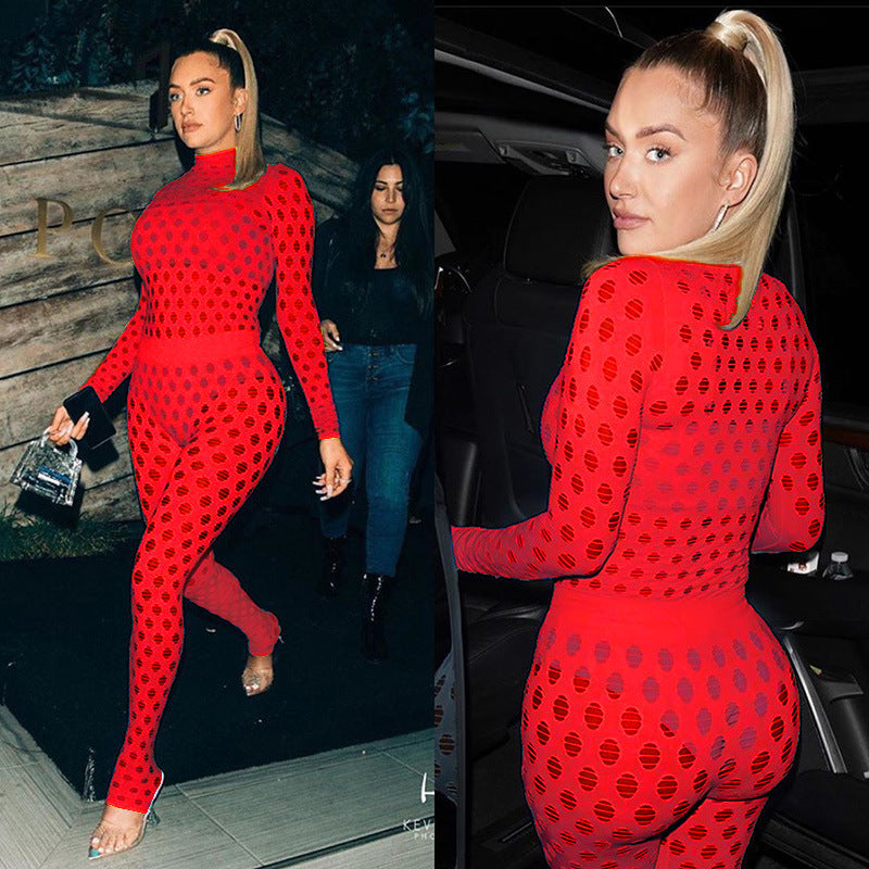 Sexy high-neck ripped knitted mesh breathable suit