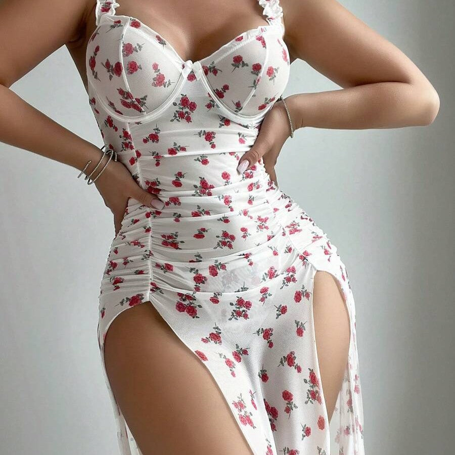 New Sexy Women's Printed Backless Slit Top Nightdress