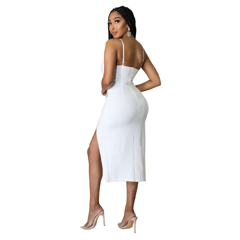 Solid color elegant long rhinestone sexy dress