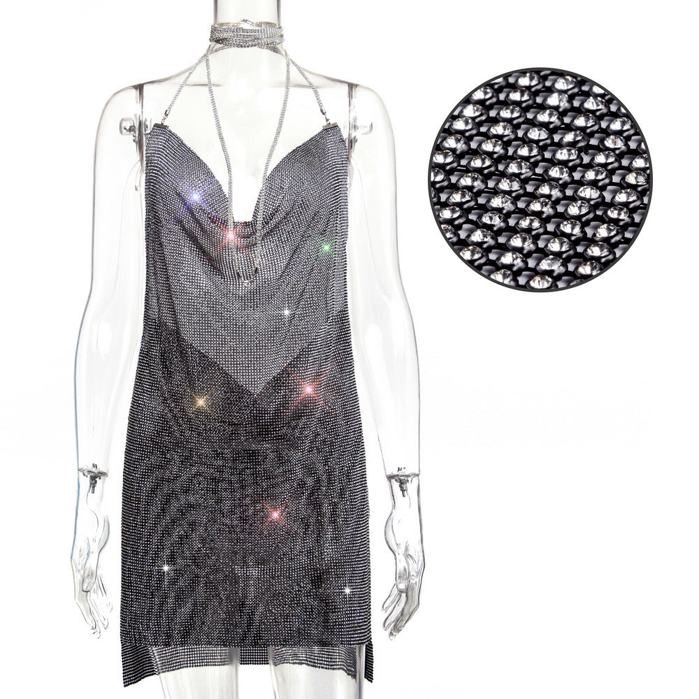 Hot selling metal sequin slip dress with diamond chain
