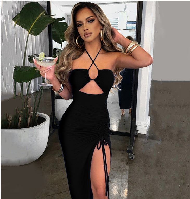 Sexy high-slit pleated halterneck dress