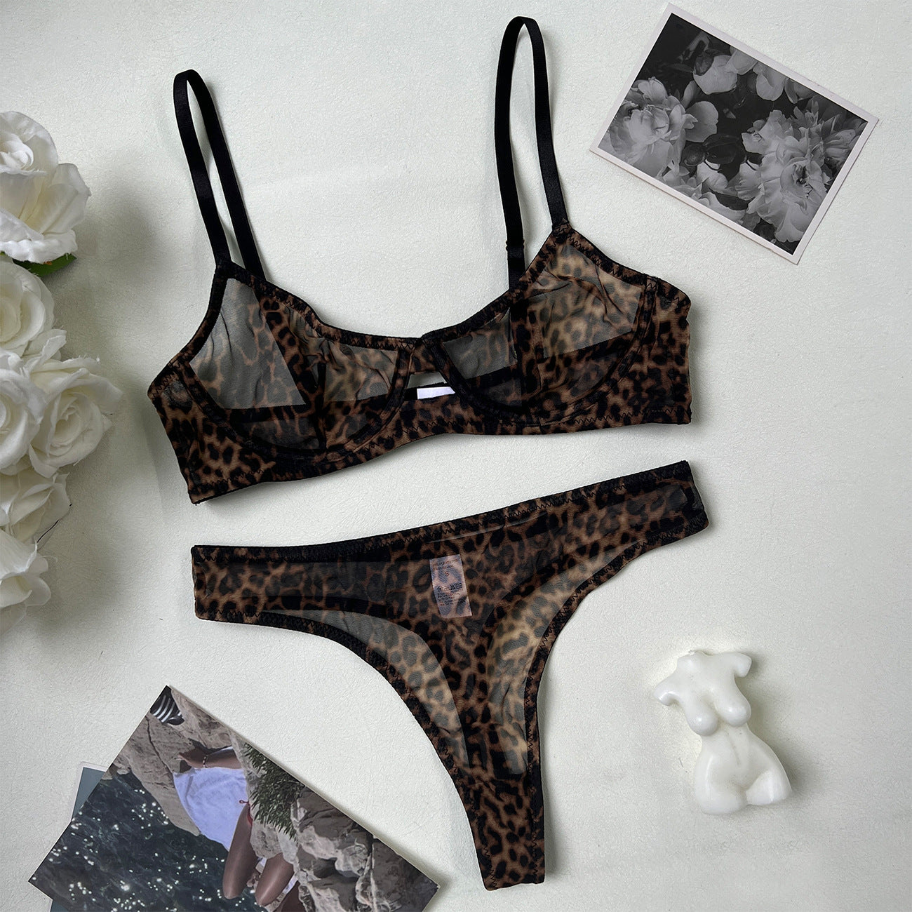 Sexy leopard print bra ultra-thin mesh set