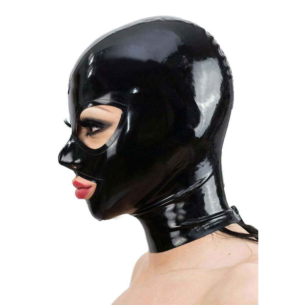 Latex mask with black hood and zipper