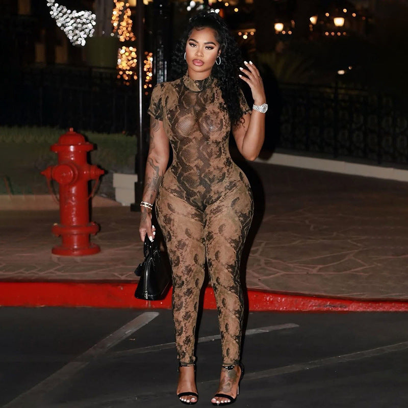 Hot selling women's backless printed see-through jumpsuit