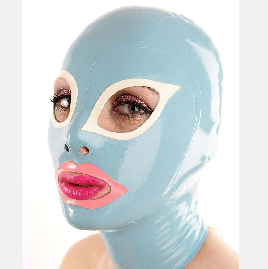 Latex mask with black hood and zipper