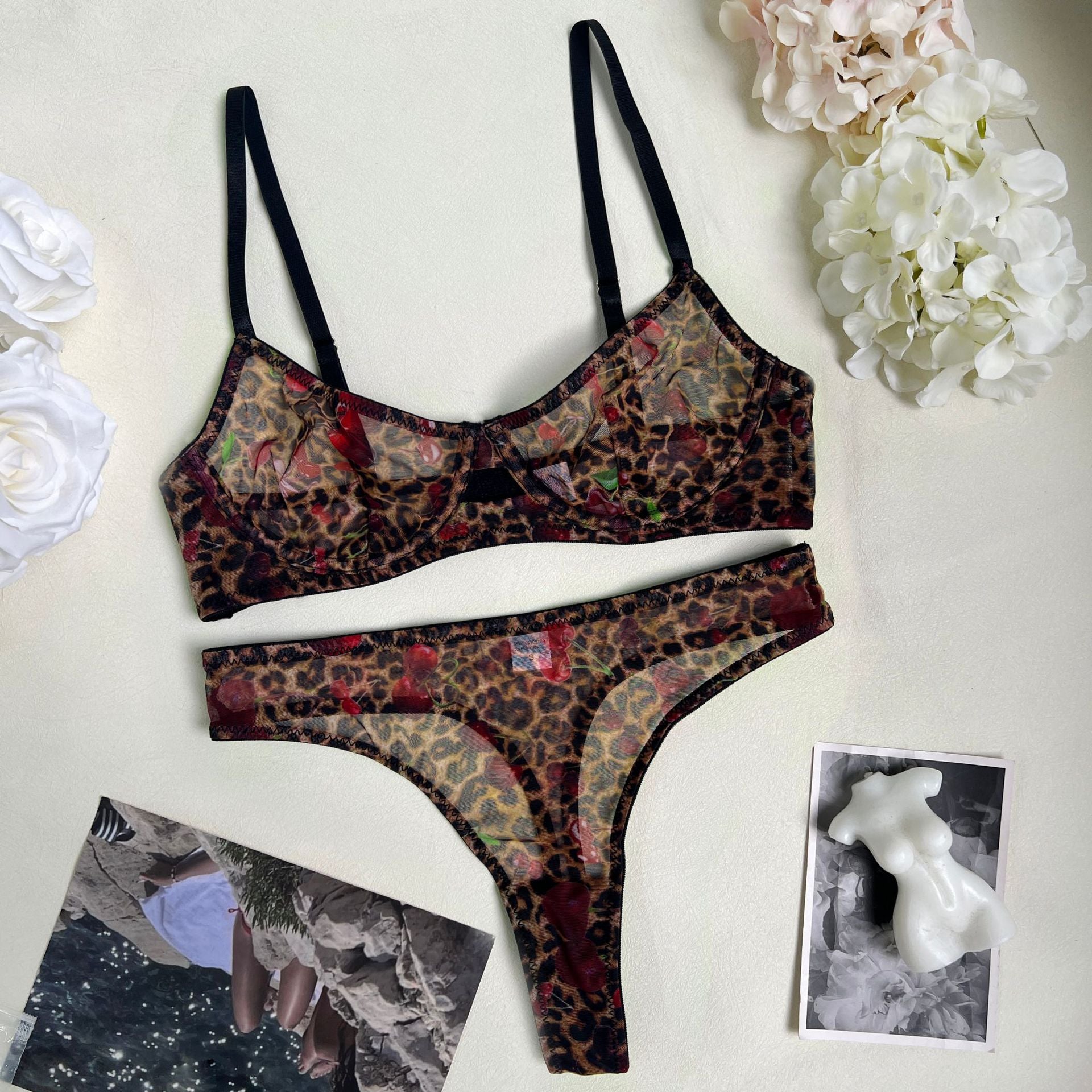 Sexy leopard print bra ultra-thin mesh set