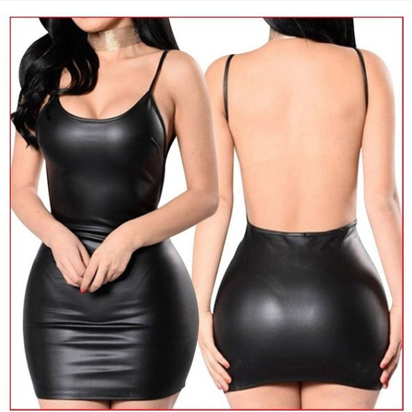 Sexy black leather backless bra