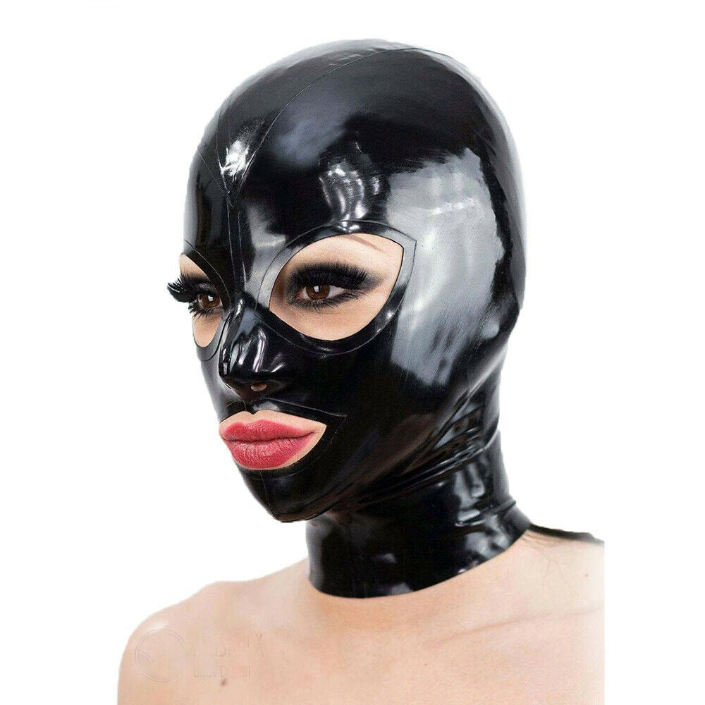 Latex mask with black hood and zipper