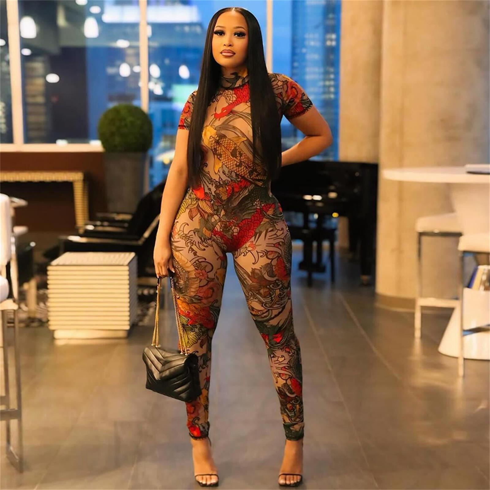 Hot selling women's backless printed see-through jumpsuit