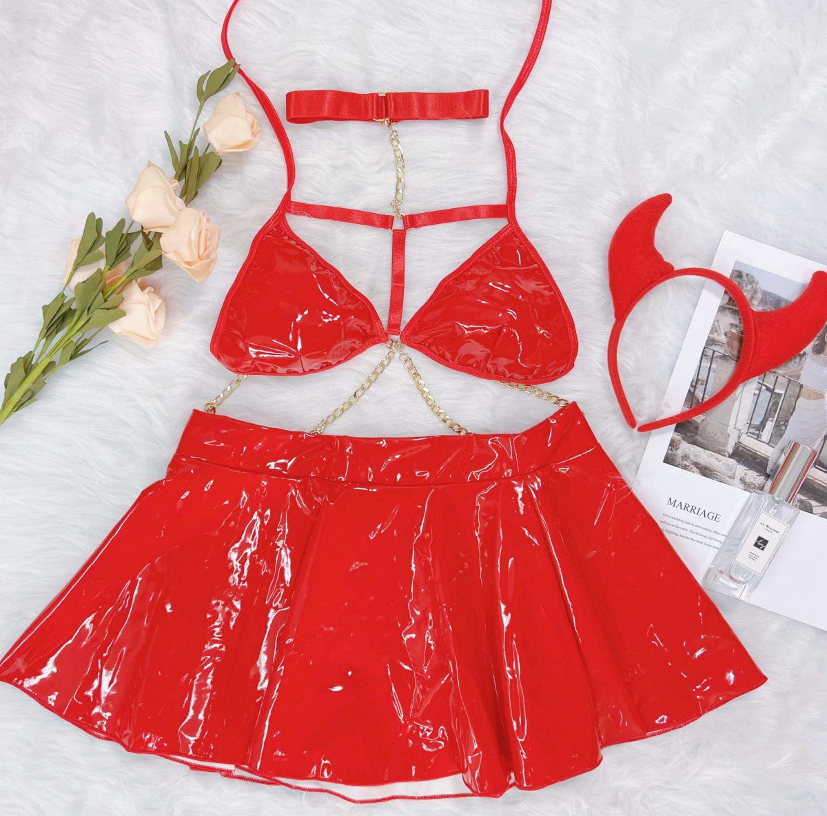 New Sexy Patent Leather Bikini Mini Skirt Sexy Set