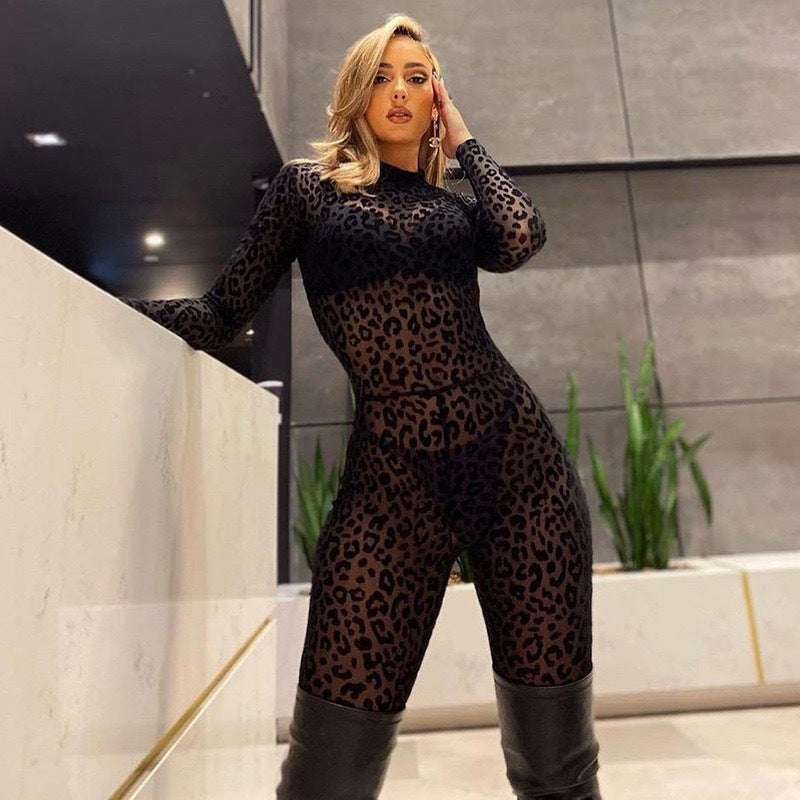 New slim-fit long-sleeved sexy see-through jumpsuit