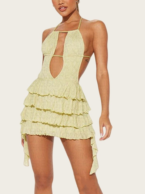 New solid color halter neck backless cake dress