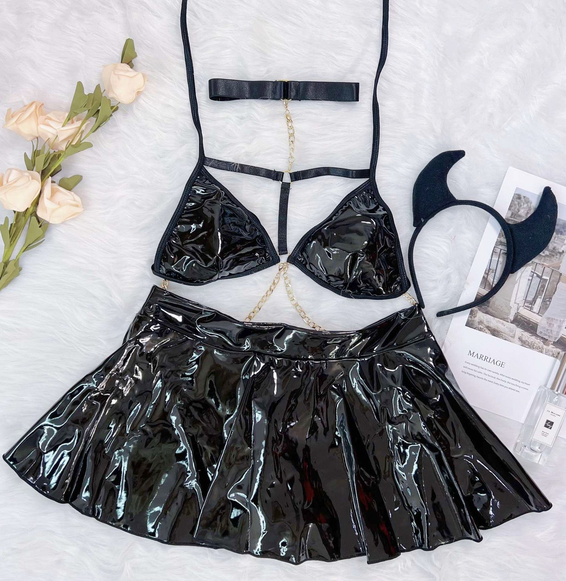 New Sexy Patent Leather Bikini Mini Skirt Sexy Set