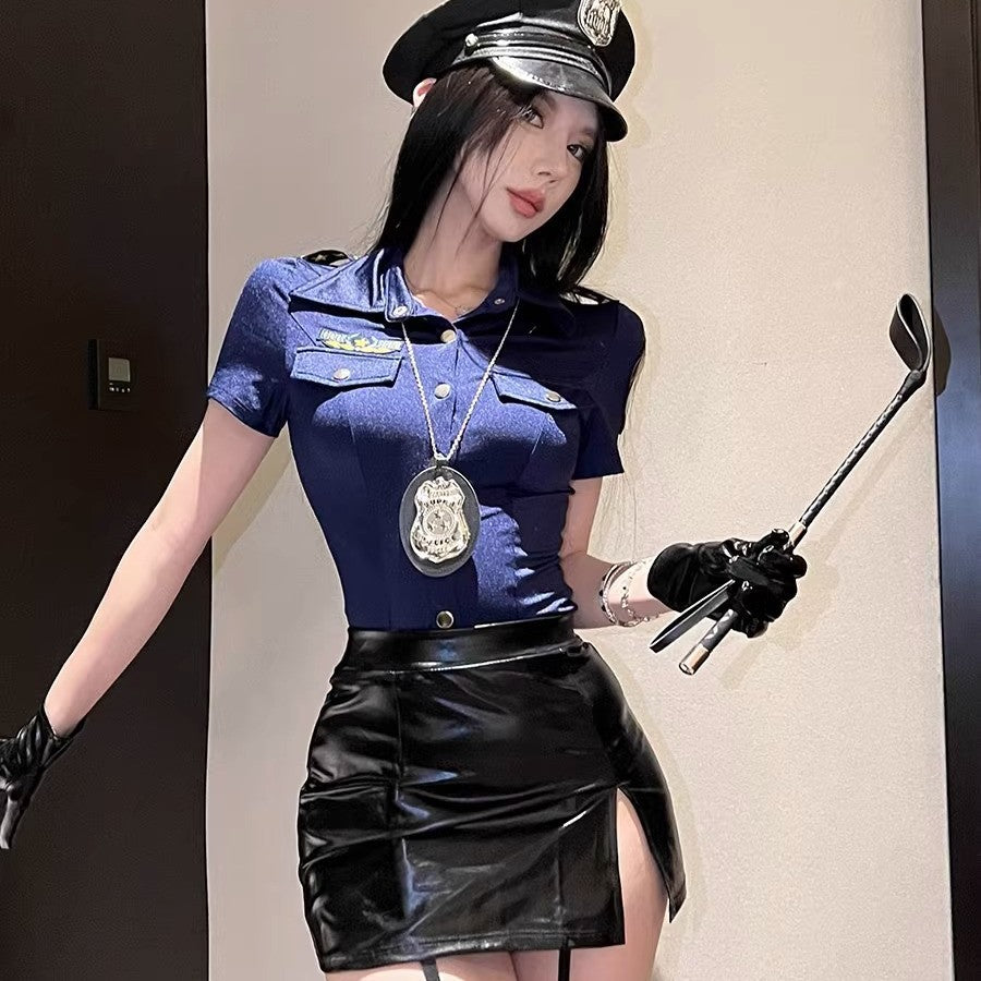 Hot policewoman stewardess tight leather skirt