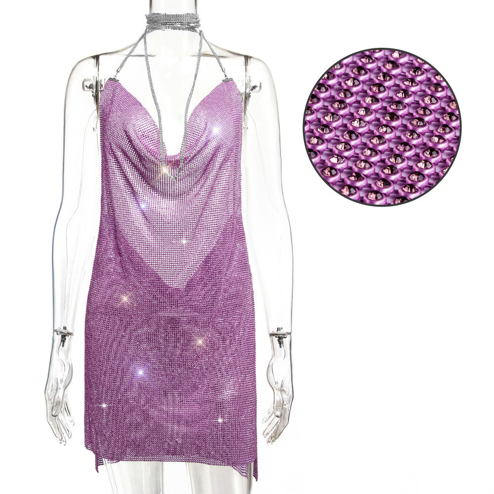 Hot selling metal sequin slip dress with diamond chain