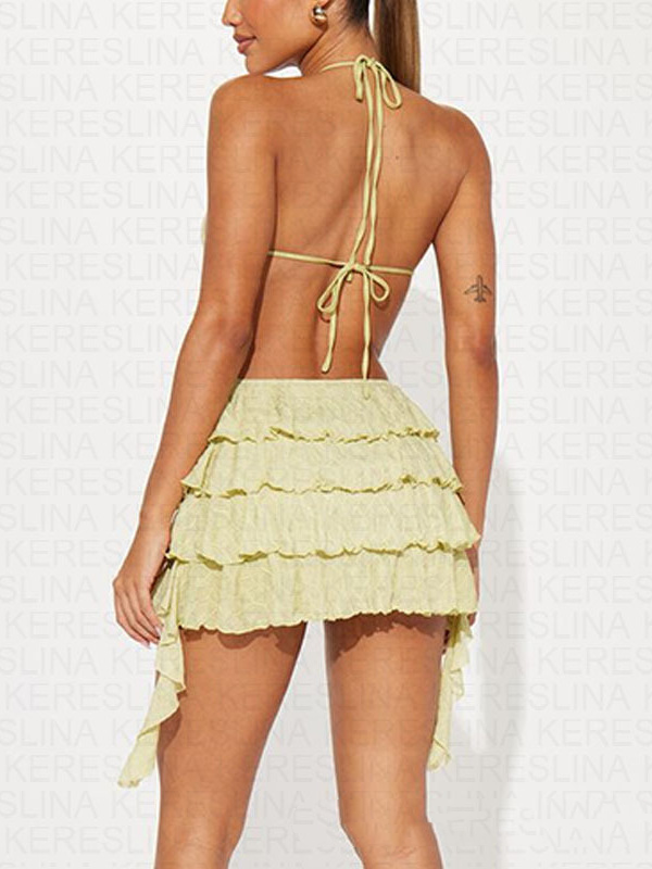 New solid color halter neck backless cake dress