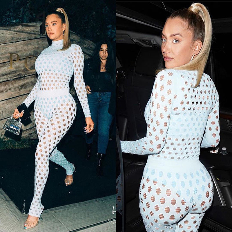 Sexy high-neck ripped knitted mesh breathable suit